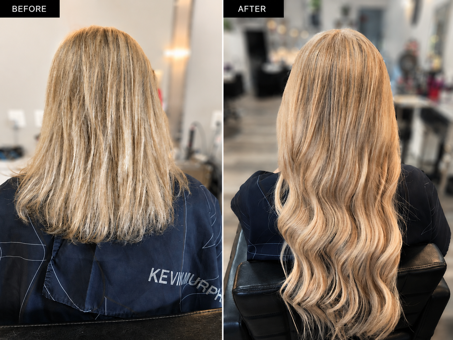 Before and after hair extensions by CL — added length and volume with seamless blonde Hotheads extensions